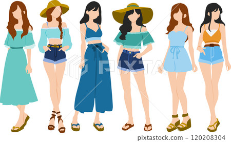 Illustration set of women wearing summer clothes 120208304