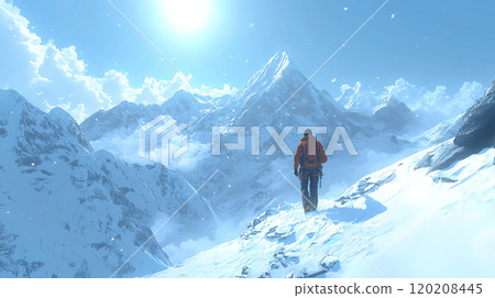 Climbers climbing a snowy mountain and a spectacular mountain scenery 120208445
