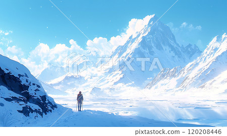 Climbers climbing a snowy mountain and a spectacular mountain scenery 120208446