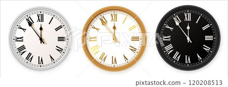 White and black gold wall office clock icon set. Design template closeup in vector. Mockup for branding and advertising isolated on white background. 120208513