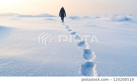 Footprints of a single person left in fresh snow Footprints of a single person left in fresh snow 120208519