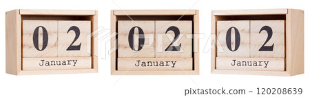 Wooden calendar, a set of dates of the month 02 January, on a white and transparent background 120208639