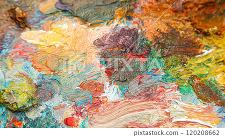 painting palette with different colors of paint painting palette with different colors of paint 120208662