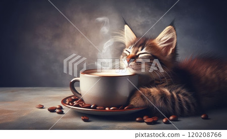 Kitten resting with a cup of hot coffee surrounded by coffee beans. Cozy and relaxation concept 120208766