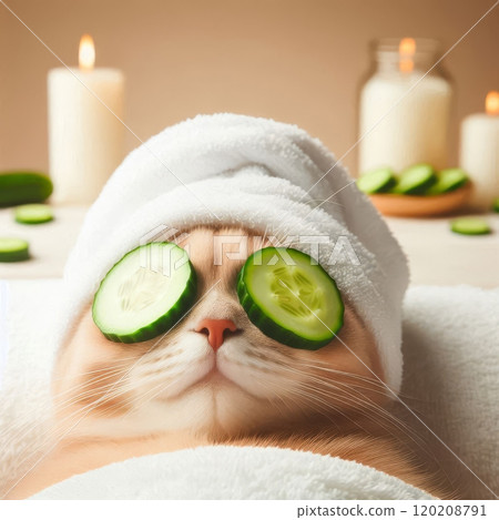 Cat with cucumber slices on eyes and towel on head. Spa and relaxation concept 120208791