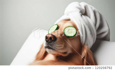 Dog with cucumber slices on eyes and towel on head. Spa and relaxation concept 120208792