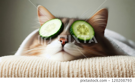 Cat with cucumber slices on eyes lying on towel. Spa and relaxation concept 120208793