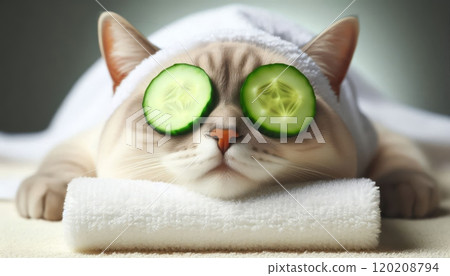 Cat with cucumber slices on eyes and towel under head, relaxing at spa. Spa and relaxation concept 120208794