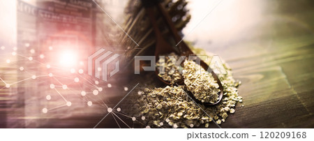 The concept of the cost of grain. 5000 ruble banknotes around a handful of ground grain. World hunger. 120209168