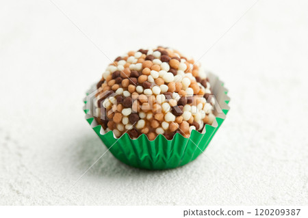 Typical Brazilian sweet brigadeiro. One cocoa candy on a white background Typical Brazilian sweet brigadeiro. One cocoa candy on a white background 120209387