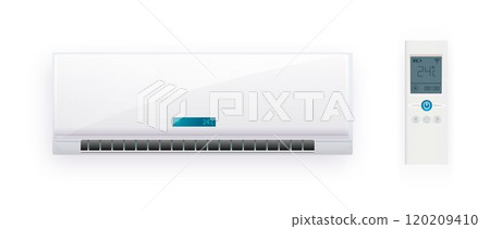 Air Conditioner System With Remote Control Vector. Cooling And Heating Block Of Conditioner. Climate Electronic Technology Equipment Template. 120209410