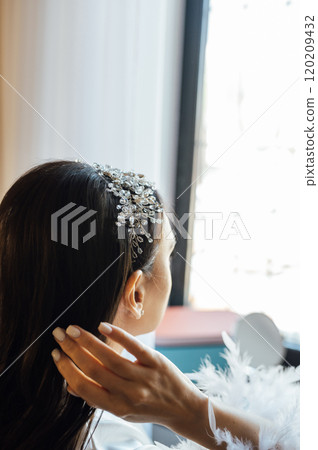 A tender bride strokes her body with her hands and sensually touches her skin. Sensual moment A tender bride strokes her body with her hands and sensually touches her skin. Sensual moment 120209432