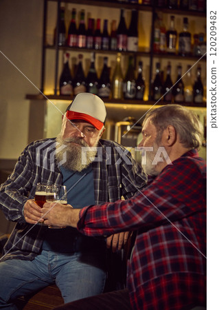 Two elderly men in checkered shirts sitting at modern cozy bar, drinking beer, involved in conversation, and enjoying sport translation 120209482