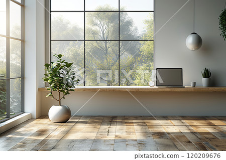 Large window in room with laptop and potted plant. Clean and bright, with a wooden floor and a white wall 120209676