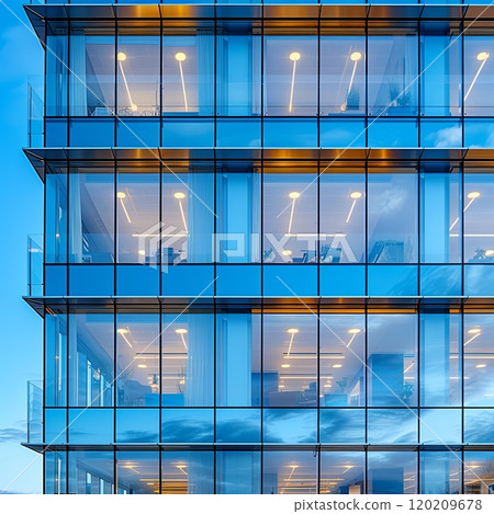 Tall building with many windows and a glass facade. Commercial office space, with many desks 120209678