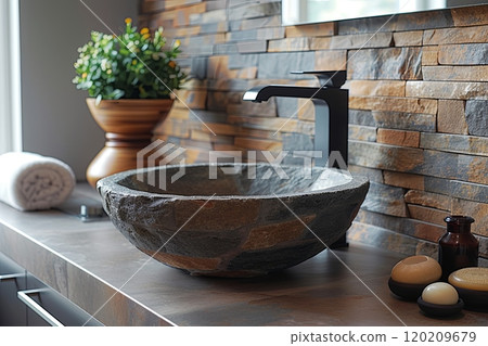 Bathroom sink with a black faucet and a bowl made of stone. The bathroom has a rustic and natural feel to it 120209679