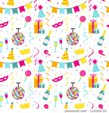 Seamless pattern with party decoration elements in cartoon flat style on white background. Vector illustration Seamless pattern with party decoration elements in cartoon flat style on white background. Vector illustration 120209726