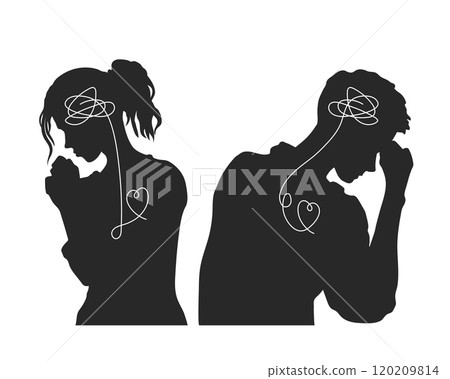 Silhouette of sad guy and girl. Portraits of man and woman in stress. Drawing of book about psychology. Mental health. Finding the way to the heart 120209814