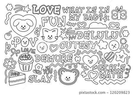 Cute outline of puppy, cat, teddy bear, birthday cake, cupcake, cherry, flower, heart, star, butterfly, text message for patch, animals, pet shop, vet, font, badge, kid colouring book, art, painting 120209823