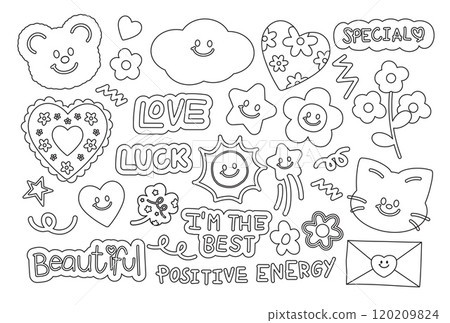 Cute outlines of teddy bear, cat, clover leaf, star, flower, heart, sun for positive energy, happy emoji, Valentine's Day, cartoon characters, patch, lucky icon, kid colouring book, art, painting, ads 120209824
