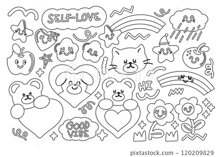 Outline of teddy bear, cat, puppy, flower, star, heart, apple, orange, rainbow for kid colouring book, art, painting, cartoon character, animals, zoo, souvenir, cute patch, print, standee, stickers	 120209829