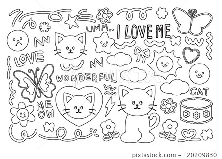 Outlines of cat, butterfly, cake, ribbon, flowers, sun, star, doodles for kid colouring book, art, painting, animal, pet, cute patch, kitten cartoon, characters, floral print, spring, summer, sketch Outlines of cat, butterfly, cake, ribbon, flowers, sun, star, doodles for kid colouring book, art, painting, animal, pet, cute patch, kitten cartoon, characters, floral print, spring, summer, sketch 120209830