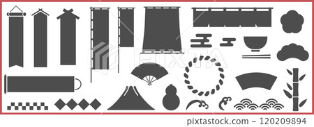 Simple Japanese style, Japanese pattern frame, icon material set, vector illustration, monochrome, black and white, white background 120209894