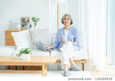 Senior woman operating a computer in the living room Senior woman operating a computer in the living room 120209910
