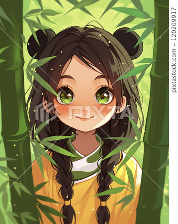 A cute girl with a panda-like hairstyle and a bamboo forest landscape AI image 120209917
