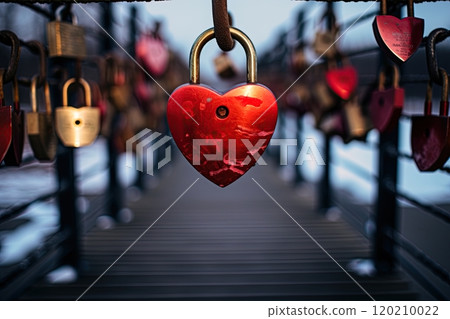 Padlock in shape of a heart on a fence among many other padlocks. Valentines Day, love and relationship concept. Generative Ai 120210022