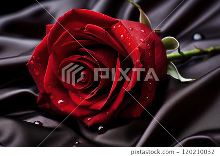 Red rose o a silk cloth. Valentines day poster, postcard design. Generative Ai Red rose o a silk cloth. Valentines day poster, postcard design. Generative Ai 120210032