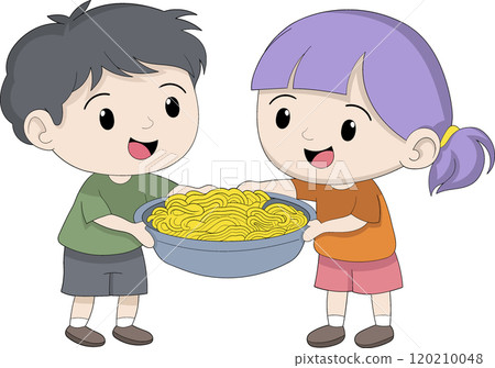 Cute Boy and Girl Mascots Holding a Large Bowl of Delicious Ramen Noodles Together Cute Boy and Girl Mascots Holding a Large Bowl of Delicious Ramen Noodles Together 120210048