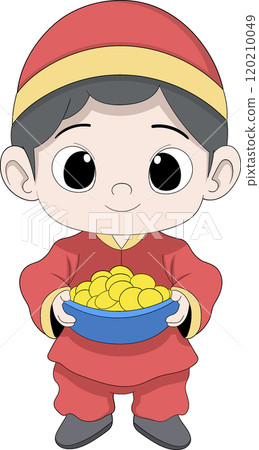 Cute Chinese Boy in Traditional Outfit Holding a Bowl of Gold Coins for Prosperity Celebration Cute Chinese Boy in Traditional Outfit Holding a Bowl of Gold Coins for Prosperity Celebration 120210049