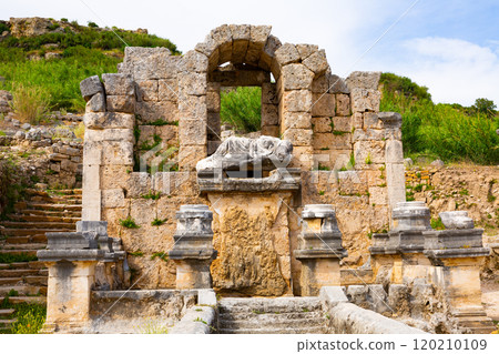 Scenic ruins of nymphaeum (nymphaion) in Perge (Perga) at Antalya Province, Turkey. 120210109