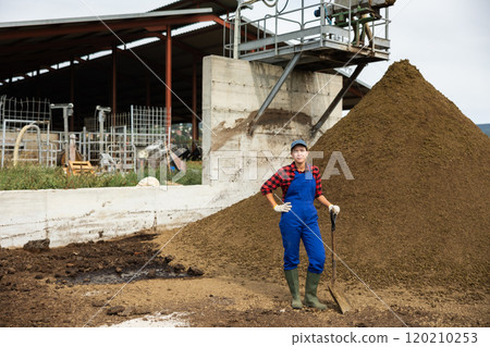 Young woman with shovel near pile of dung 120210253
