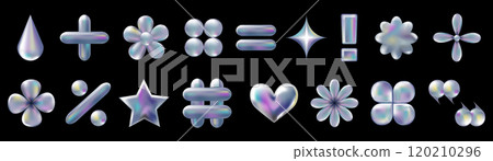 3d holographic retro 90 icons set. Chrome Heart, Hashtag, Percent, Star, Daisy Flowers, abstract shapes isolated on black. Future galaxy aesthetic, 3D chrome bubble art. Metal glossy sticker set. 120210296