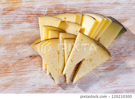 Appetizing slice of semi-hard cheese Appetizing slice of semi-hard cheese 120210300