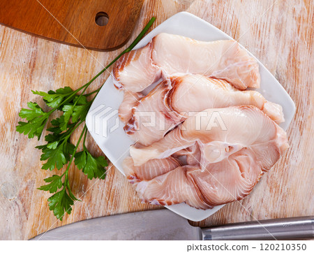 Raw blue shark fish steaks, seafood ingredients 120210350