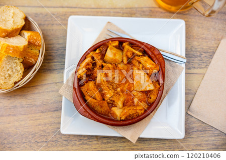 Portion of stewed tripe is cooked in plate - stomach of cattle 120210406