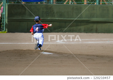 Scene from a youth baseball game: A pitcher throwing a passionate pitch 120210457