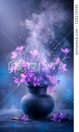 A vase with vibrant purple flowers and smoke emerging beautifully A vase with vibrant purple flowers and smoke emerging beautifully 120210595