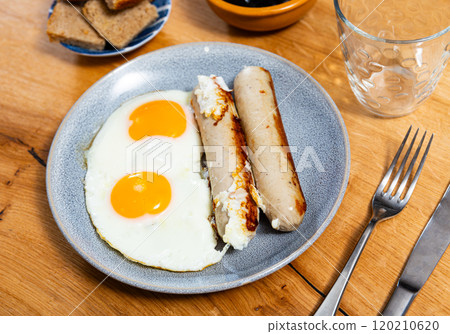 Homemade hearty breakfast - fried eggs with frankfurter sausages. 120210620