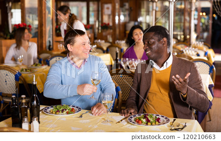 Friendly meeting of two men over dinner in restaurant 120210663