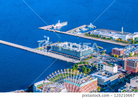 Yokohama cityscape in Japan, with a view of the water bus, Shinko Pier passenger ship terminal, Yokohama Hammerhead, etc. = 13th 120210667