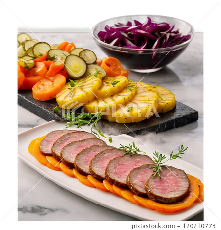 Bauernwurst sliced and presented on a marble slab with a few pickled vegetables and a 120210773