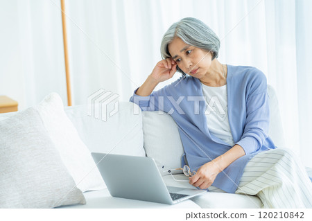 Senior woman operating a computer in the living room Senior woman operating a computer in the living room 120210842