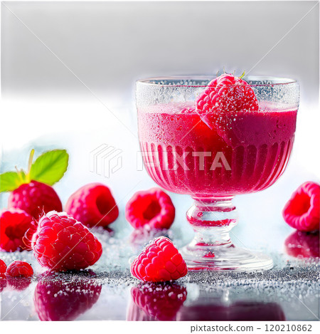 Raspberry sorbet in a stemmed glass topped with fresh raspberries and a sprinkle of powdered 120210862