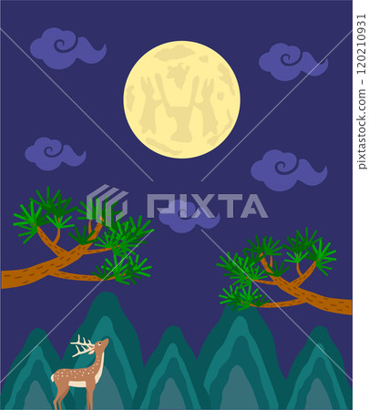 Expressing the appearance of nature such as full moon, pine tree, deer, and mountain valley in Korean traditional image Expressing the appearance of nature such as full moon, pine tree, deer, and mountain valley in Korean traditional image 120210931