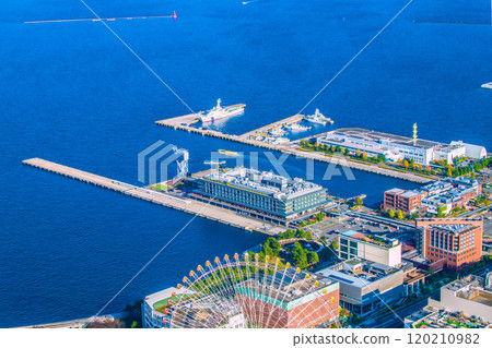 Yokohama cityscape in Japan, with a view of the water bus, Shinko Pier passenger ship terminal, Yokohama Hammerhead, etc. = 13th 120210982