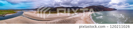Aerial view of the beach and caves at Maghera Beach near Ardara, County Donegal - Ireland. 120211026